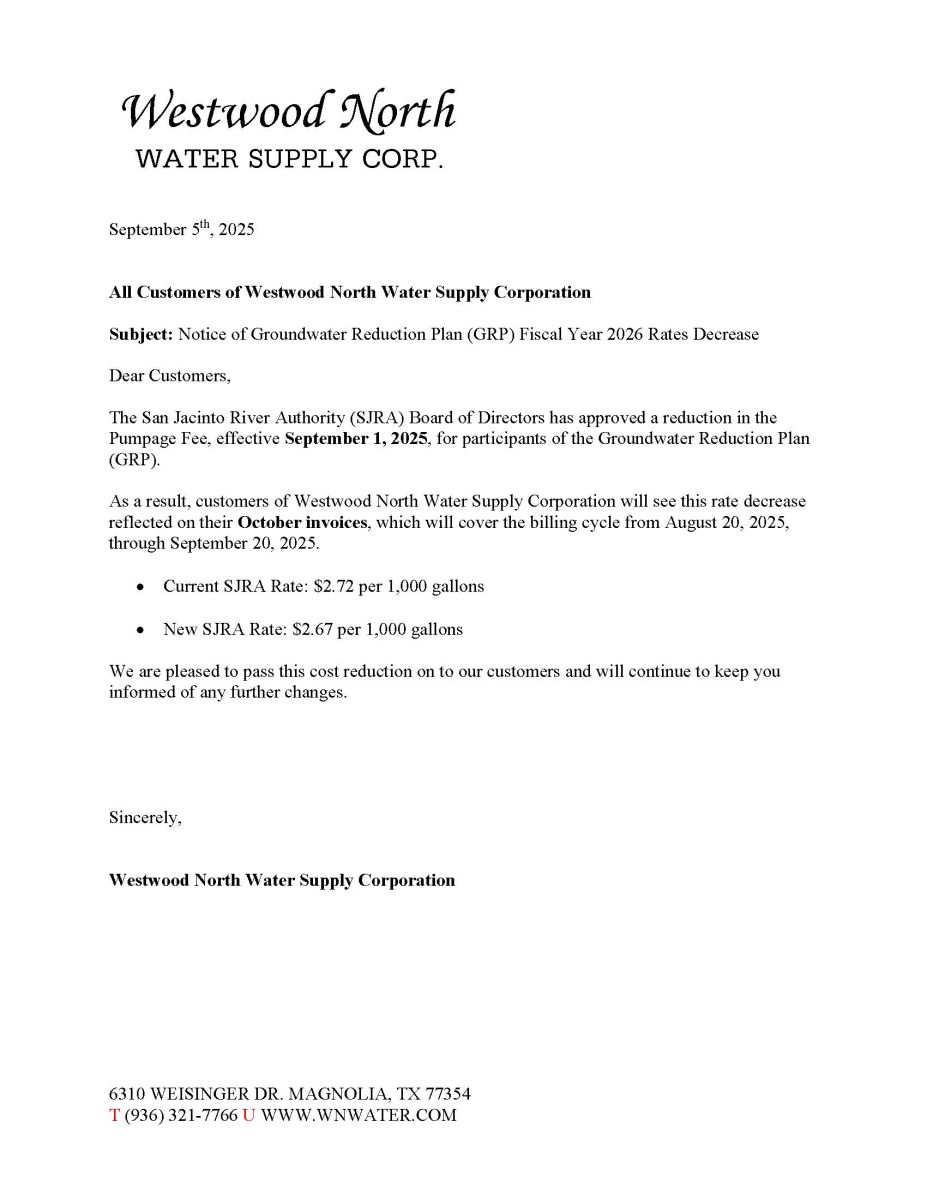 NOTICE OF SJRA RATE DECREASE EFFECTIVE SEPTEMBER 1, 2025
