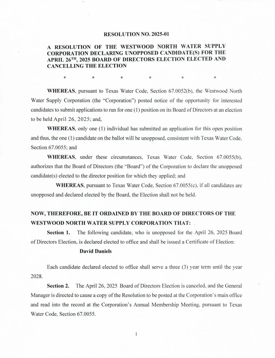 RESOLUTION 2025-01 Declaring Unopposed Candidates Elected and Cancelling the Election PG1